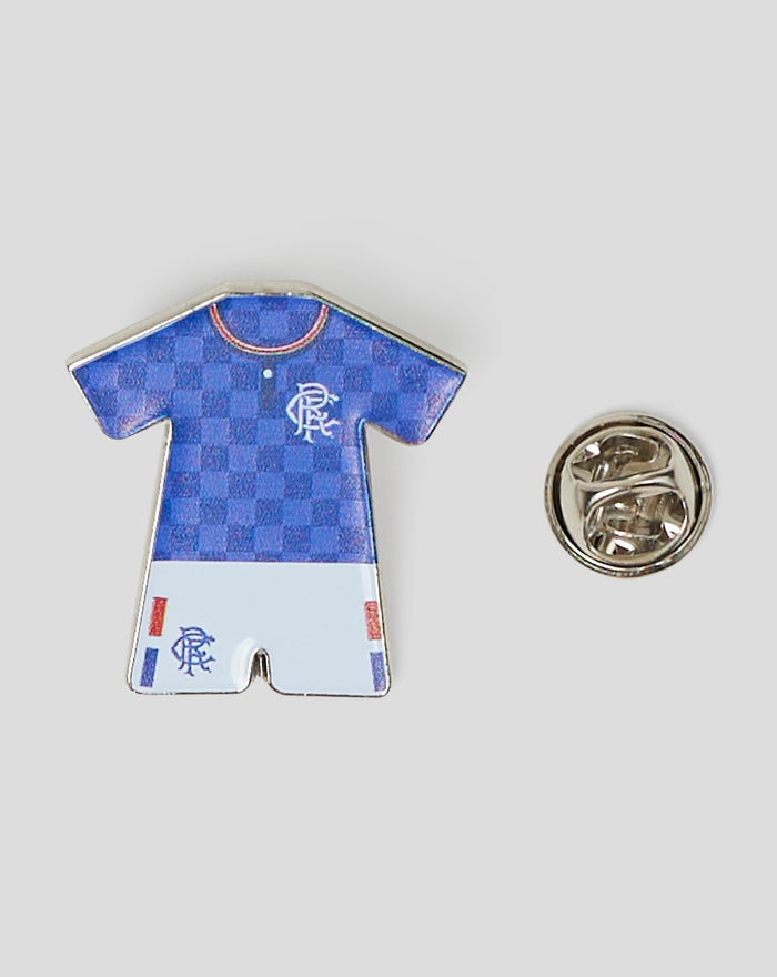 Cartoon figure shaped pin badge wearing Rangers blue kit with arms raised in celebration