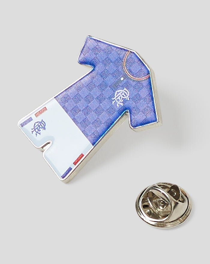 Close up of Rangers 1988 retro pin badge in blue with white club crest and silver border