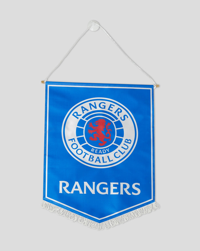 Blue Rangers pennant with white border and crest, white hanging cord and gold end caps