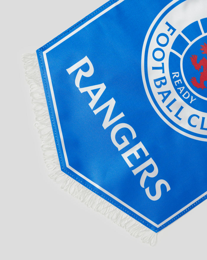 Close up of a blue Rangers Football Club pennant with white fringe