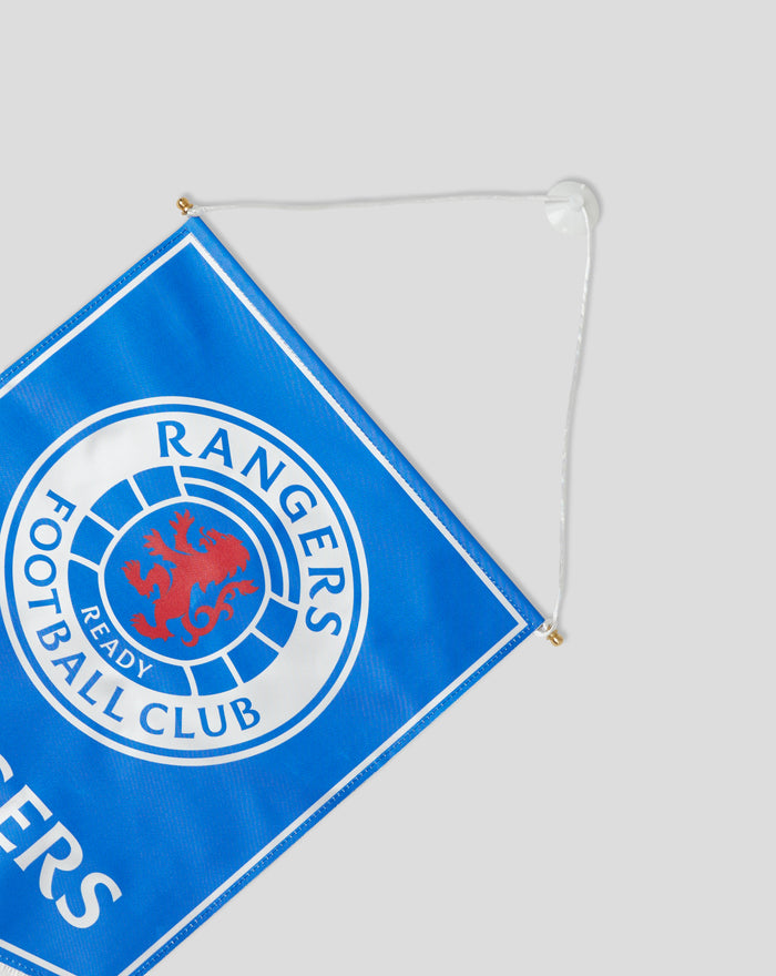 Blue Rangers pennant with white border and fringe along bottom edge suspended by a hanging cord