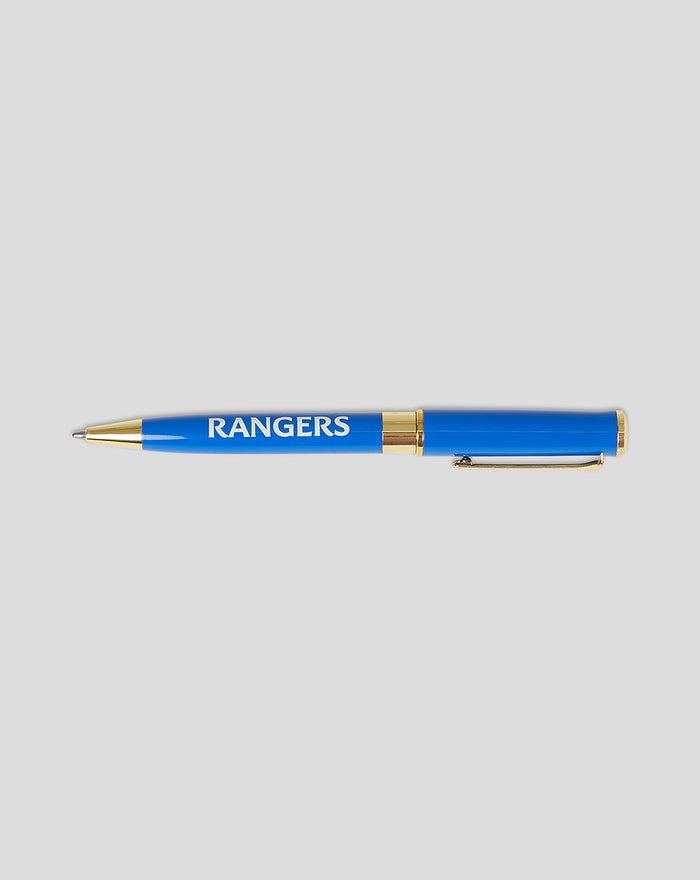Blue Rangers pen with gold trim and clip laid horizontally