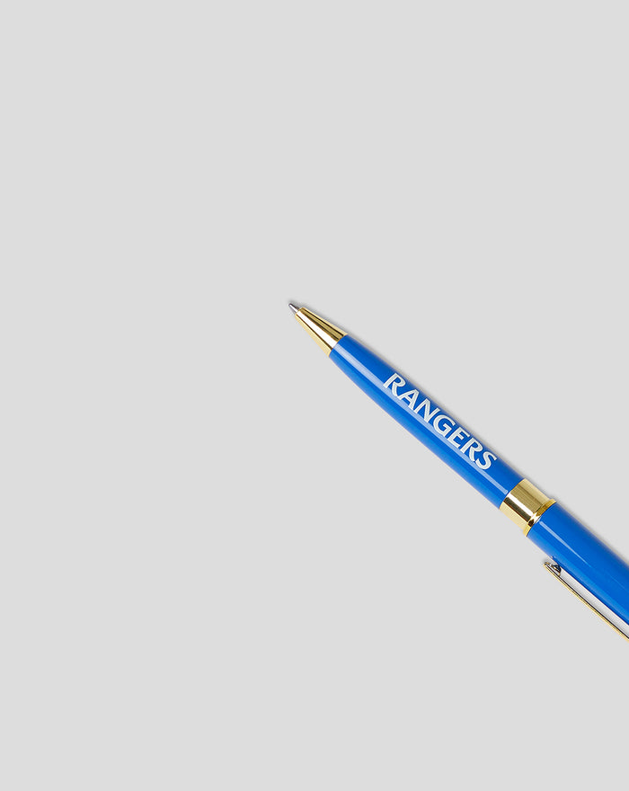 Blue Rangers pen diagonally placed on a gray background with gold accents