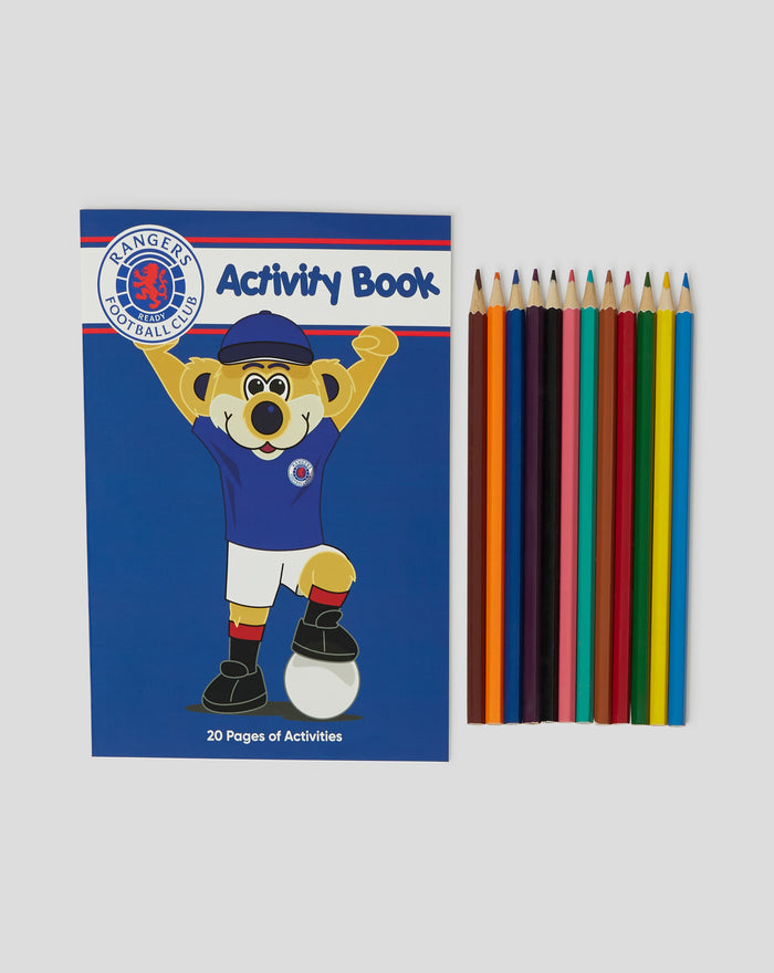 Blue Rangers activity book cover featuring a cheering bear mascot wearing a blue cap beside a row of colored pencils.