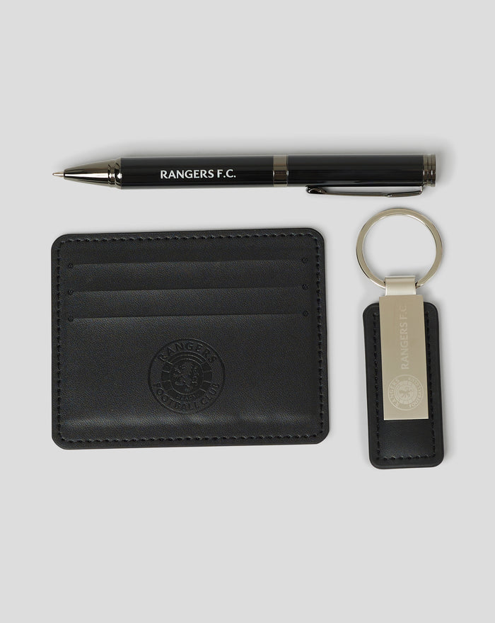 Rangers FC black ballpoint pen with leather wallet and metal key ring as part of a leather gift set