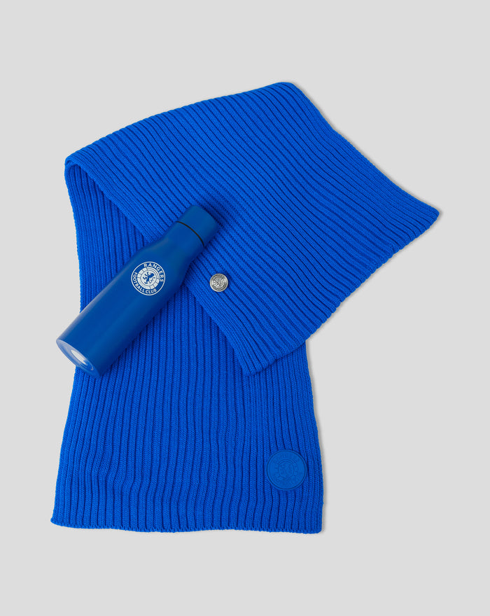 Bright blue knitted scarf with a Rangers bottle and circular club badge.