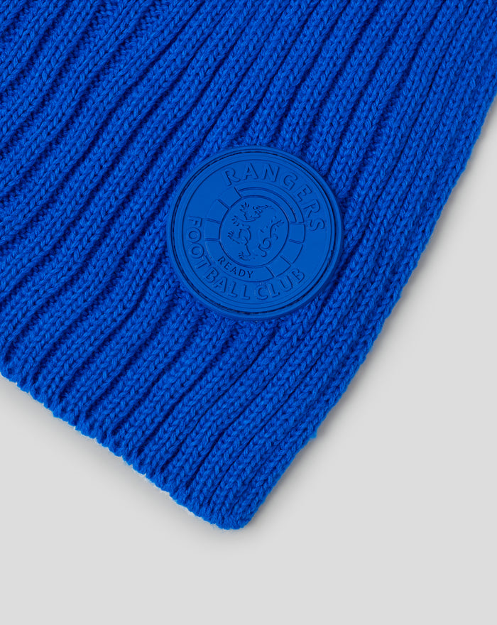 Blue knitted scarf featuring a round Rangers Football Club badge
