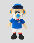 Broxi bear plush wearing a blue shirt and cap against a light gray background