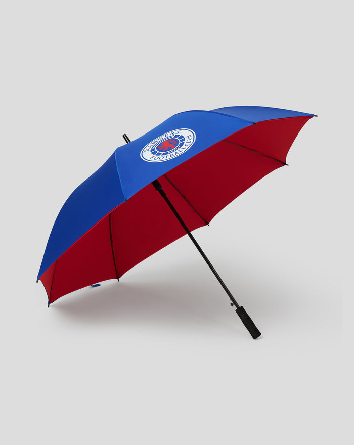 Blue and red golf umbrella featuring the Rangers Football Club crest on the canopy