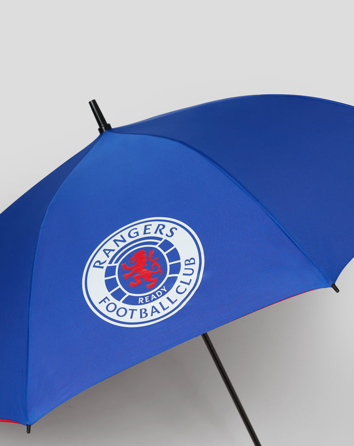 Open blue golf umbrella with Rangers crest on the canopy and visible black shaft.