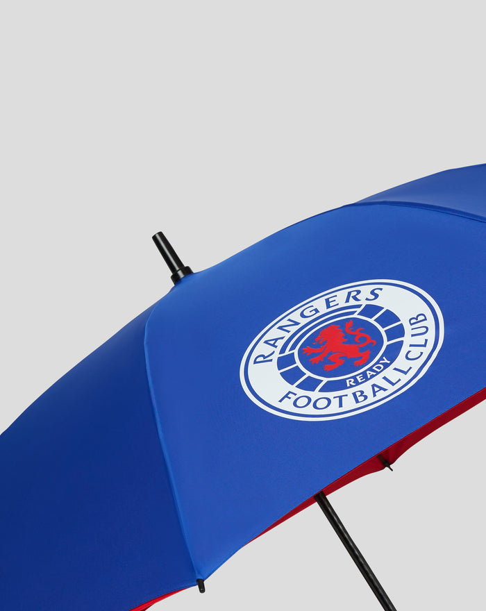 Close up of blue and red Rangers Football Club umbrella with crest and black shaft