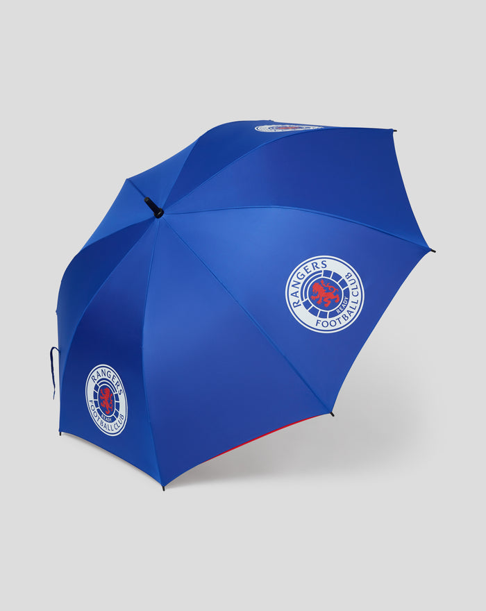 Blue golf umbrella with Rangers Football Club crest visible on the canopy.