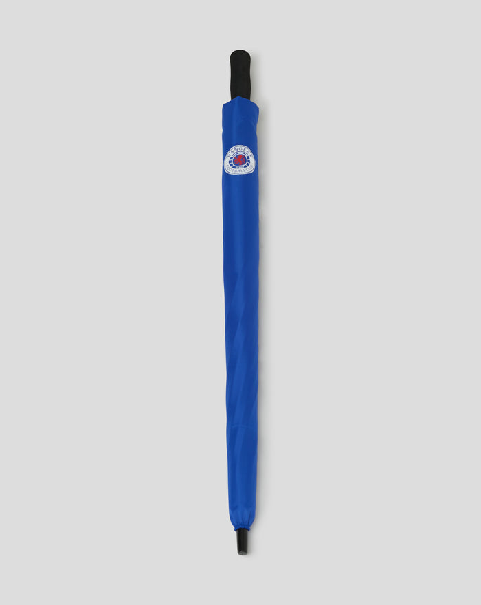 Closed blue golf umbrella with Rangers crest on the canopy and a black handle.