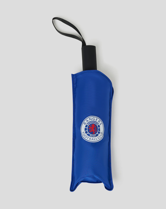 Bottom view of closed blue telescopic umbrella showing logo on sleeve and black strap
