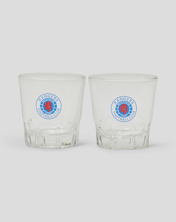 Two clear shot glasses featuring the blue Rangers Football Club crest.