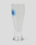 Clear pilsner glass with circular Rangers crest on the side.