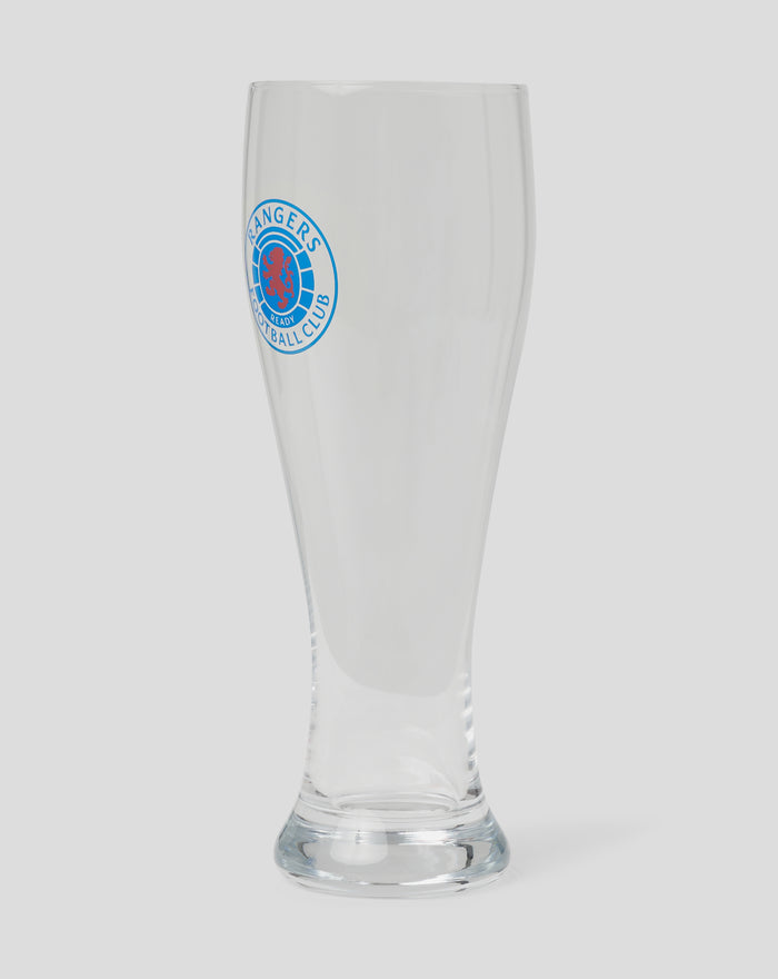 Clear pilsner glass with circular Rangers crest on the side.