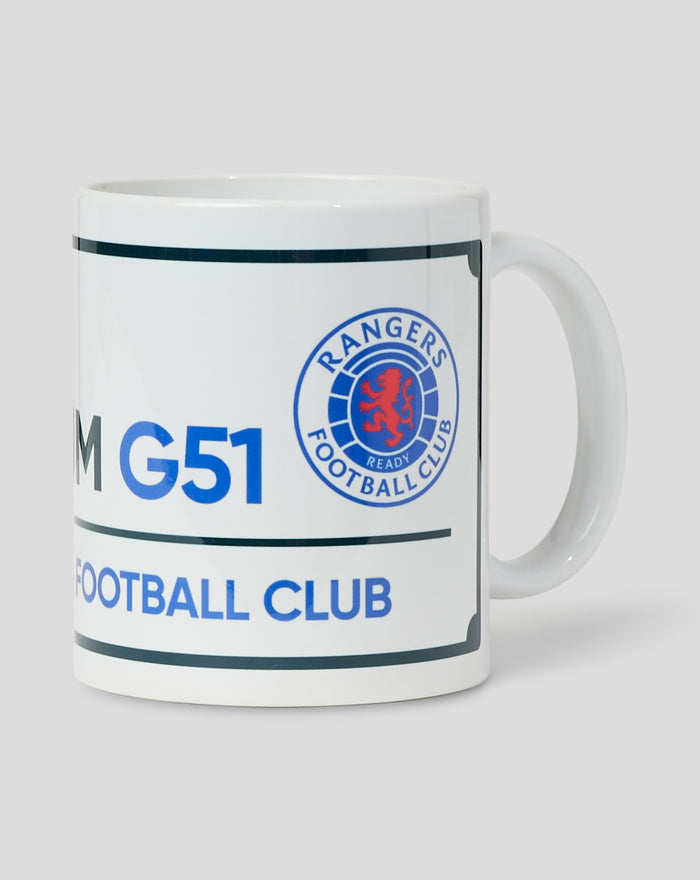 Road sign mug close up showing Rangers Football Club crest and bold G51 lettering