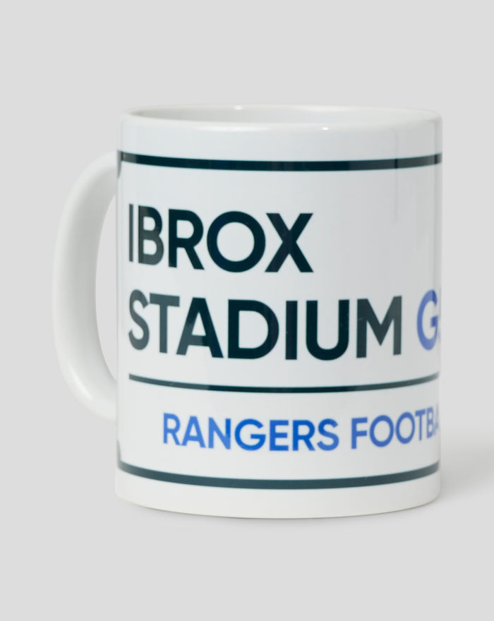 Road sign style mug with Rangers Football Club crest and Ibrox Stadium text