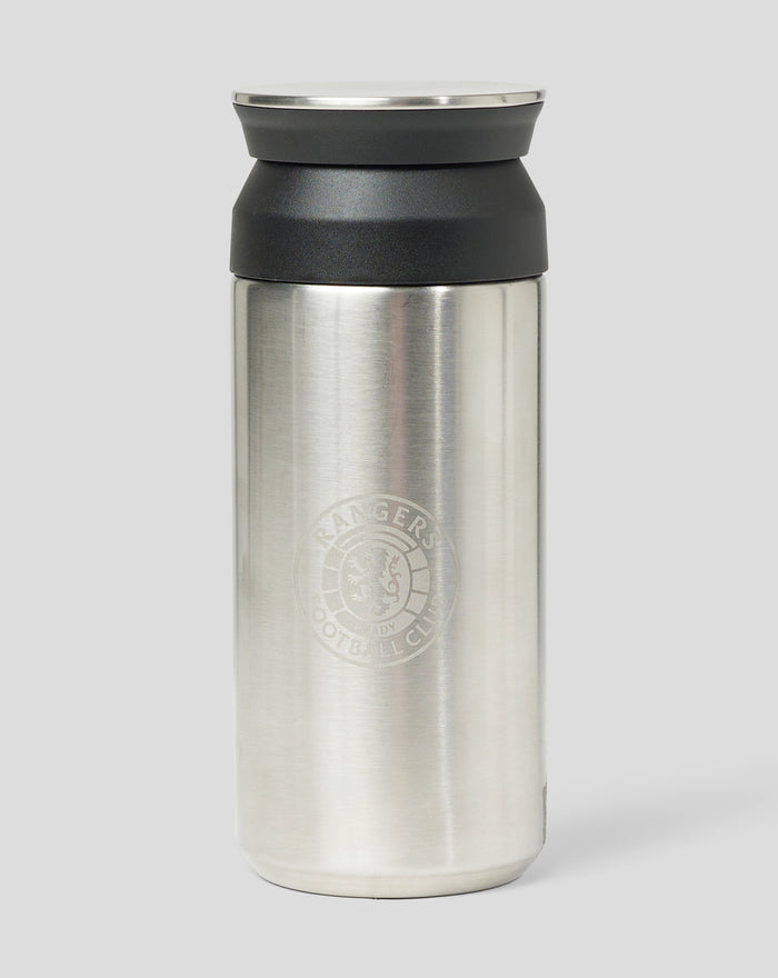 Close up of a Rangers travel tumbler lid in black with a silver rim on a stainless steel bottle