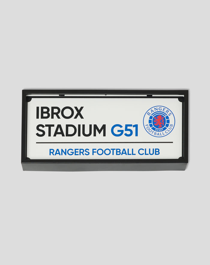 Framed street sign light box showing IBROX STADIUM G51 with Rangers Football Club logo