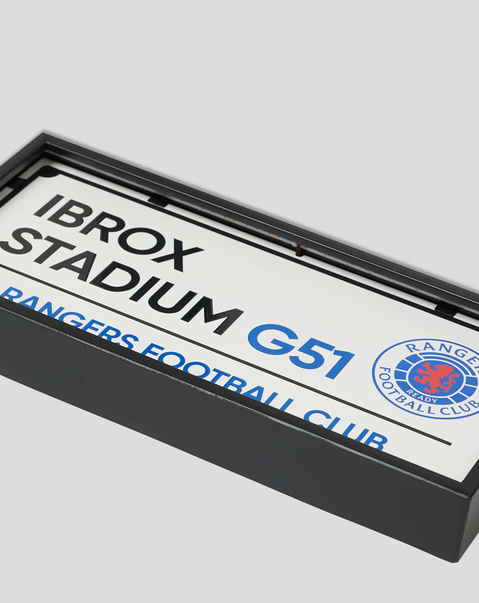 Close up of sign box corner with blue interior and Rangers Football Club logo