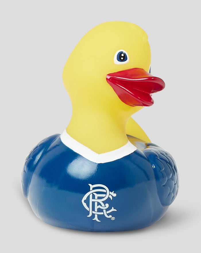 Yellow rubber duck wearing a blue Rangers football club jersey with white collar.