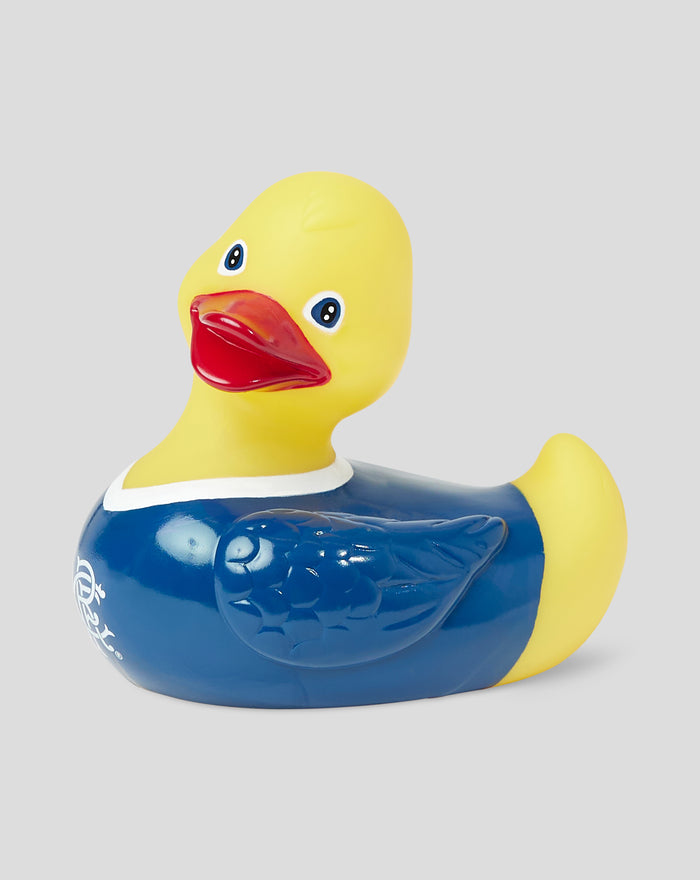 Close up of the yellow Rangers rubber duck head with blue eyes and red bill.