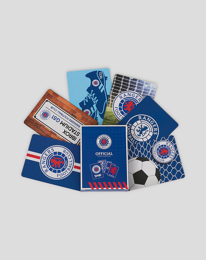 Rangers Football Club snap cards fanned out showing blue designs and crests