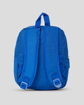 Close up of the blue backpack top handle and reinforced shoulder straps.