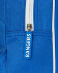 Close up of a blue zipper pull reading RANGERS on the backpack.