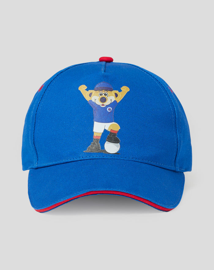 Blue BROXI cap front close up with a cheerful cartoon bear in hockey gear on the front panel and a red top button