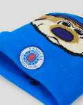 Blue BROXI Beanie close up showing the monkey face pattern and Rangers Football Club crest on the cuff