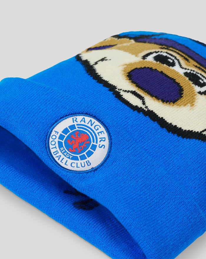Blue BROXI Beanie close up showing the monkey face pattern and Rangers Football Club crest on the cuff