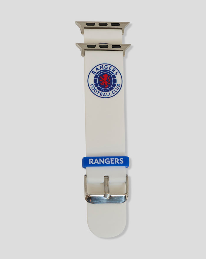 White silicone watch strap with Rangers FC logo patch and blue keeper loop