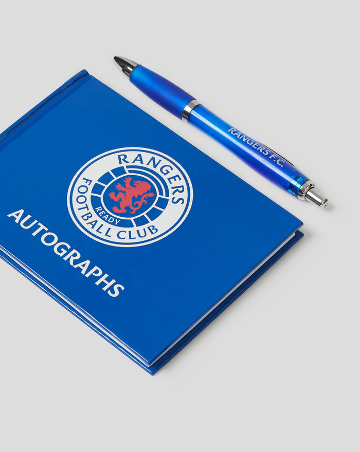 Blue 23/24 autograph book with Rangers FC crest and a blue pen