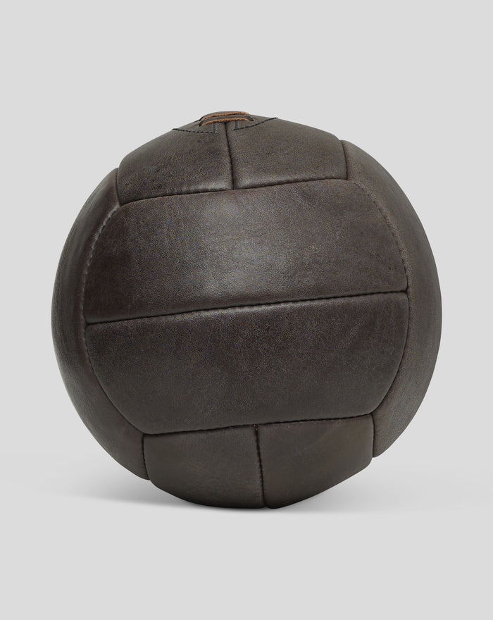 Close up of size 5 deluxe leather football with visible brown top laces