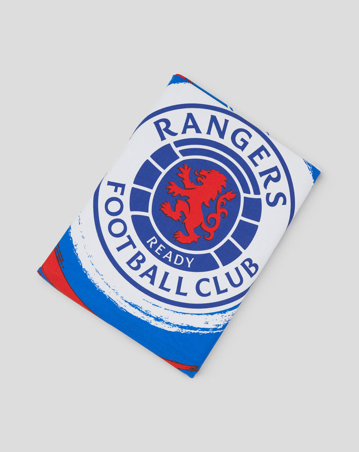 Folded duvet cover with a large circular Rangers Football Club crest on white fabric