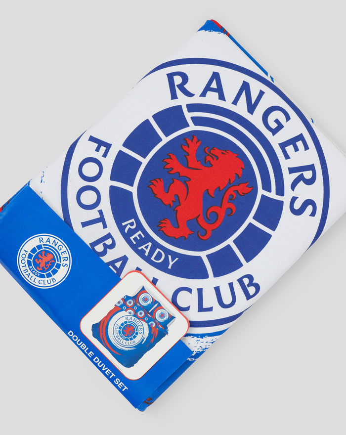 Double reversible duvet set packaging with large blue Rangers crest on white background.