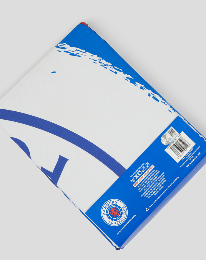Close up of duvet set packaging showing white and blue design with Rangers Football Club crest label.