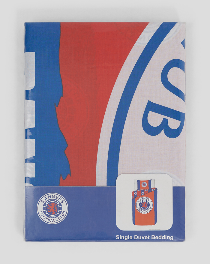 Rangers single duvet bedding in blue and red bold graphic packaging