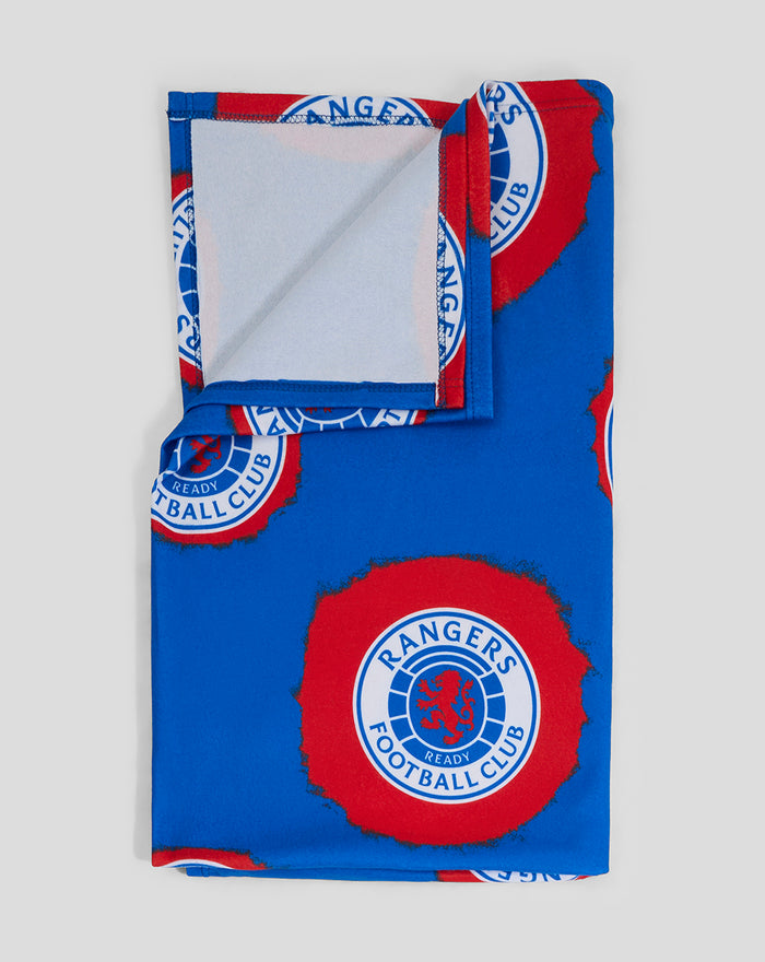 Folded Rangers polar fleece blanket with blue and red circular club crests