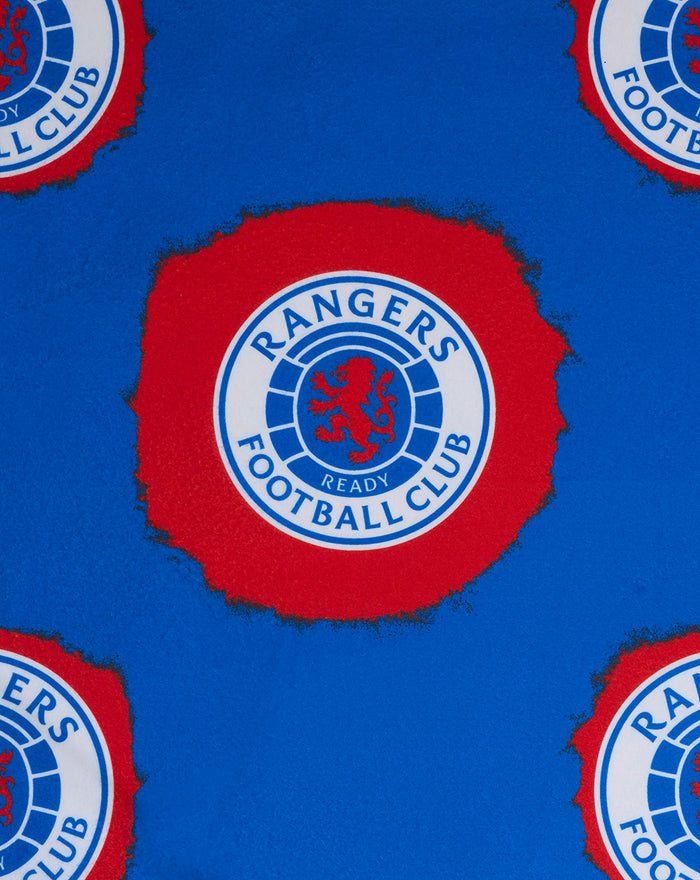 Close up of Rangers blanket pattern showing blue field with red circular crests and white club logos
