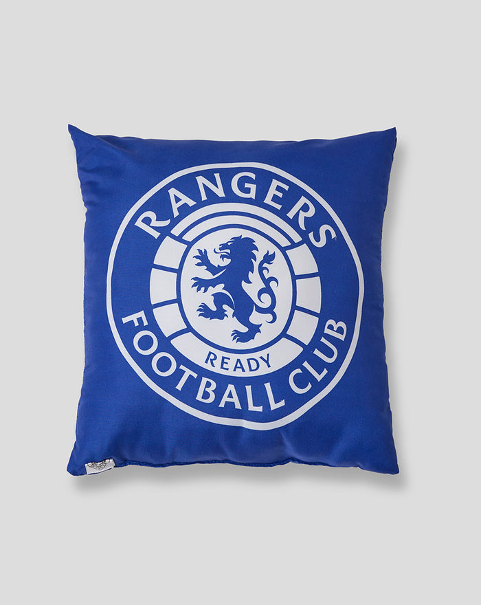 Blue square cushion with large white Rangers Football Club crest centered
