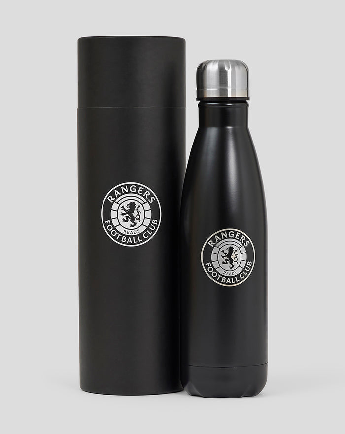 Matte black metal water bottle beside a matching cylindrical gift tube featuring the Rangers Football Club logo.