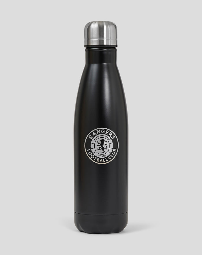 Upright matte black metal water bottle with a silver cap and Rangers Football Club emblem.