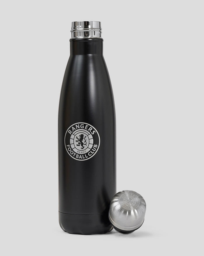 Black metal water bottle with a silver detached cap resting beside it and the Rangers Football Club emblem.