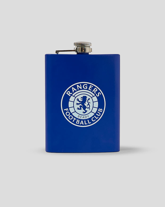 Blue hip flask featuring the Rangers Football Club crest in white