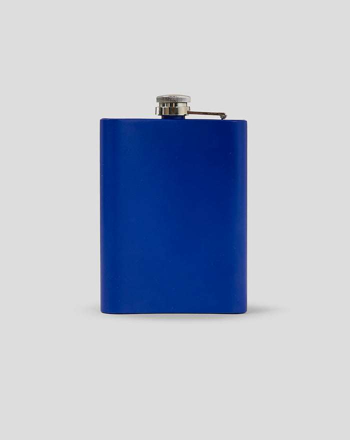 Blue stainless steel hip flask with a silver screw cap