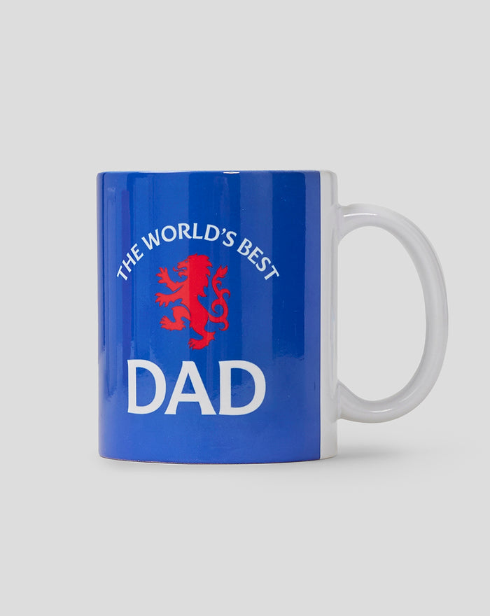 Blue mug with white handle featuring The World's Best Dad design and large DAD lettering.